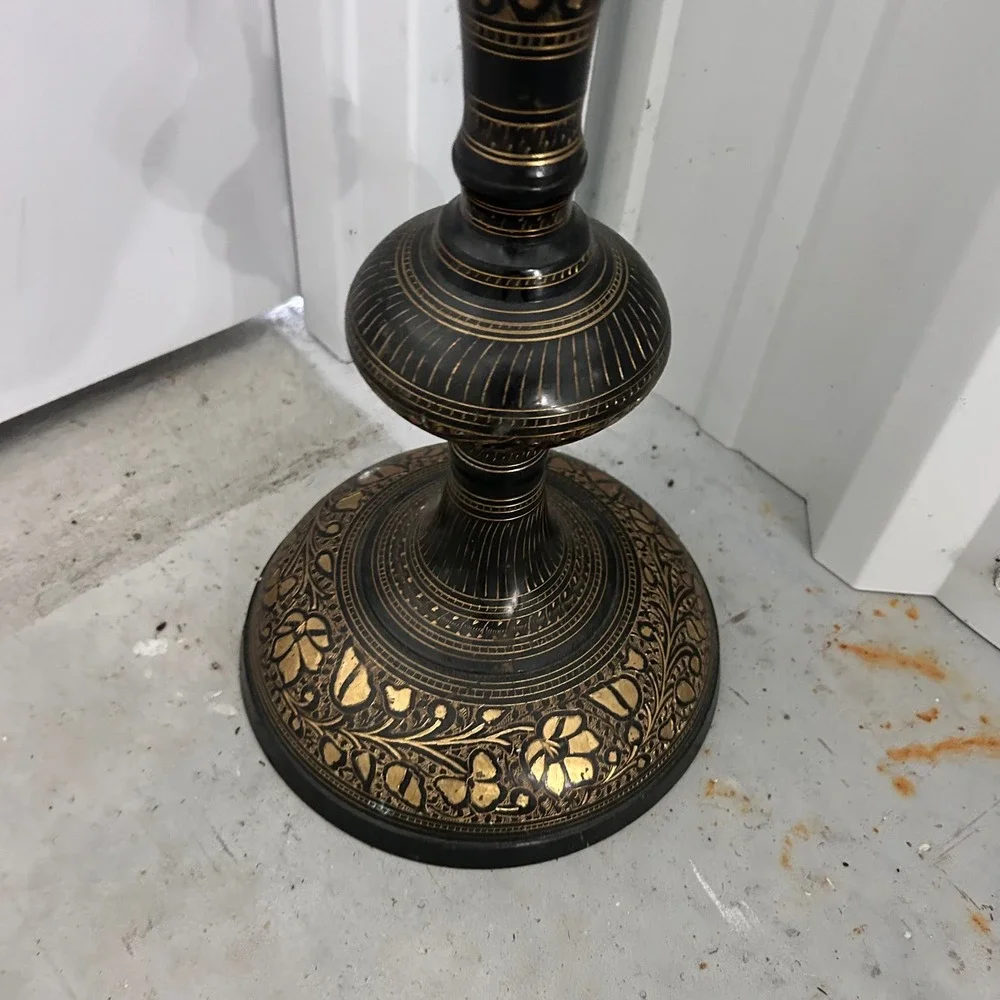 Vintage Persian Etched Brass Floor Lamp Black Gold Floral Tall Decorative Stand